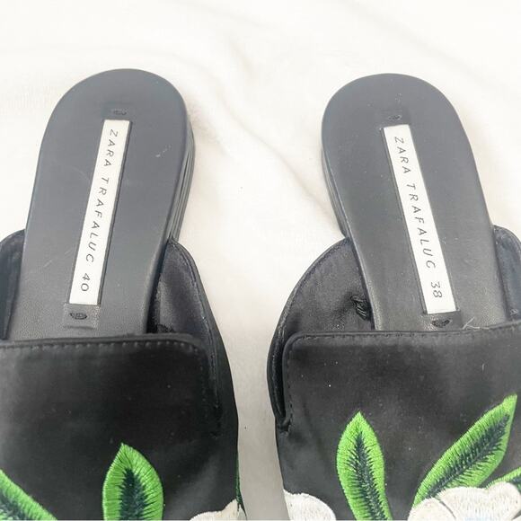 Zara Trafulac black embroidered floral slide mules size 38 pointy flat - Picture 3 of 7